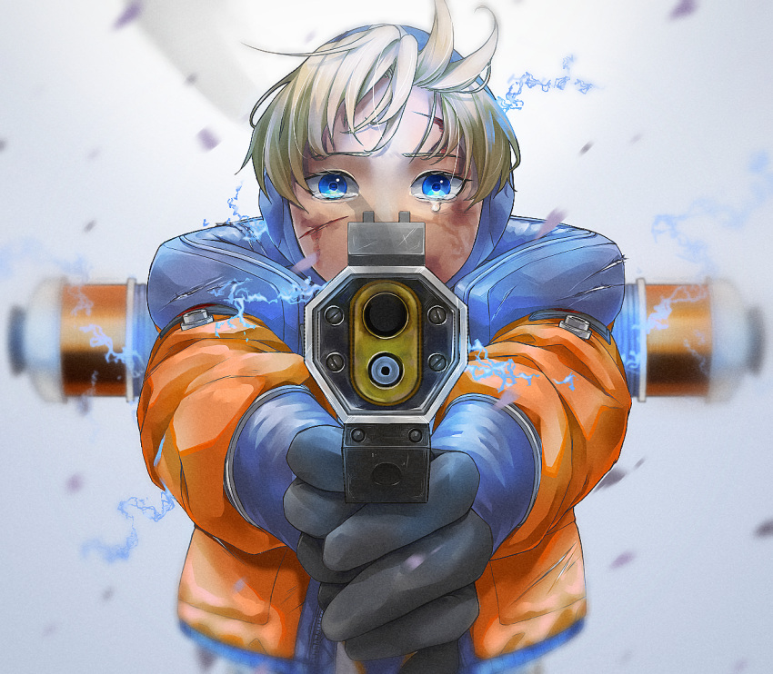 1girl aiming_at_viewer apex_legends b3_wingman bangs blood blood_on_face blue_gloves blue_headwear cuts electricity floating_hair gloves gun holding holding_gun holding_weapon hood hooded_jacket injury jacket orange_jacket sakanamaru solo tearing_up upper_body wattson_(apex_legends) weapon