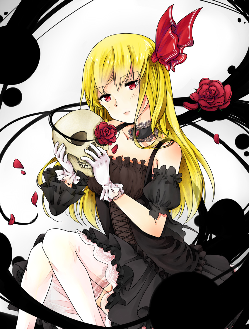 absurdres alternate_costume alternate_hair_length alternate_hairstyle asymmetrical_clothes black_dress blonde_hair choker darkness detached_sleeves dress flower frilled_dress frills gothic_lolita hair_ribbon head_tilt highres lace lace-trimmed_thighhighs lolita_fashion long_hair o0baijin0o puffy_short_sleeves puffy_sleeves red_eyes ribbon rose rumia short_sleeves sitting skull slit_pupils solo teenage thigh-highs thighhighs touhou tress_ribbon white_legwear