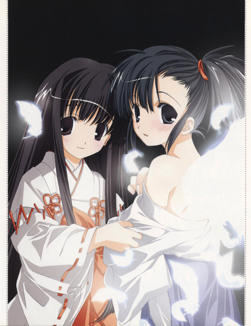 2girls absurdres asymmetrical_bangs bangs bare_shoulders black_eyes black_hair blush brown_eyes brown_hair feathers highres japanese_clothes konoe_konoka long_hair looking_at_viewer looking_back mahou_sensei_negima! miko miyashita_miki multiple_girls off_shoulder parted_lips pillarboxed ponytail sakurazaki_setsuna scan side_ponytail undressing wide_sleeves