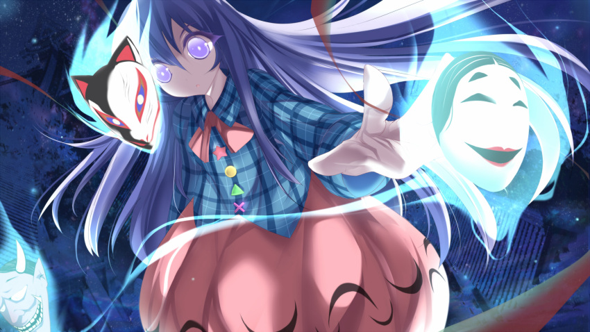 1girl face_mask fox_mask hata_no_kokoro highres long_hair long_sleeves looking_at_viewer marionette_(excle) mask oni_mask purple_hair shirt skirt solo touhou very_long_hair violet_eyes