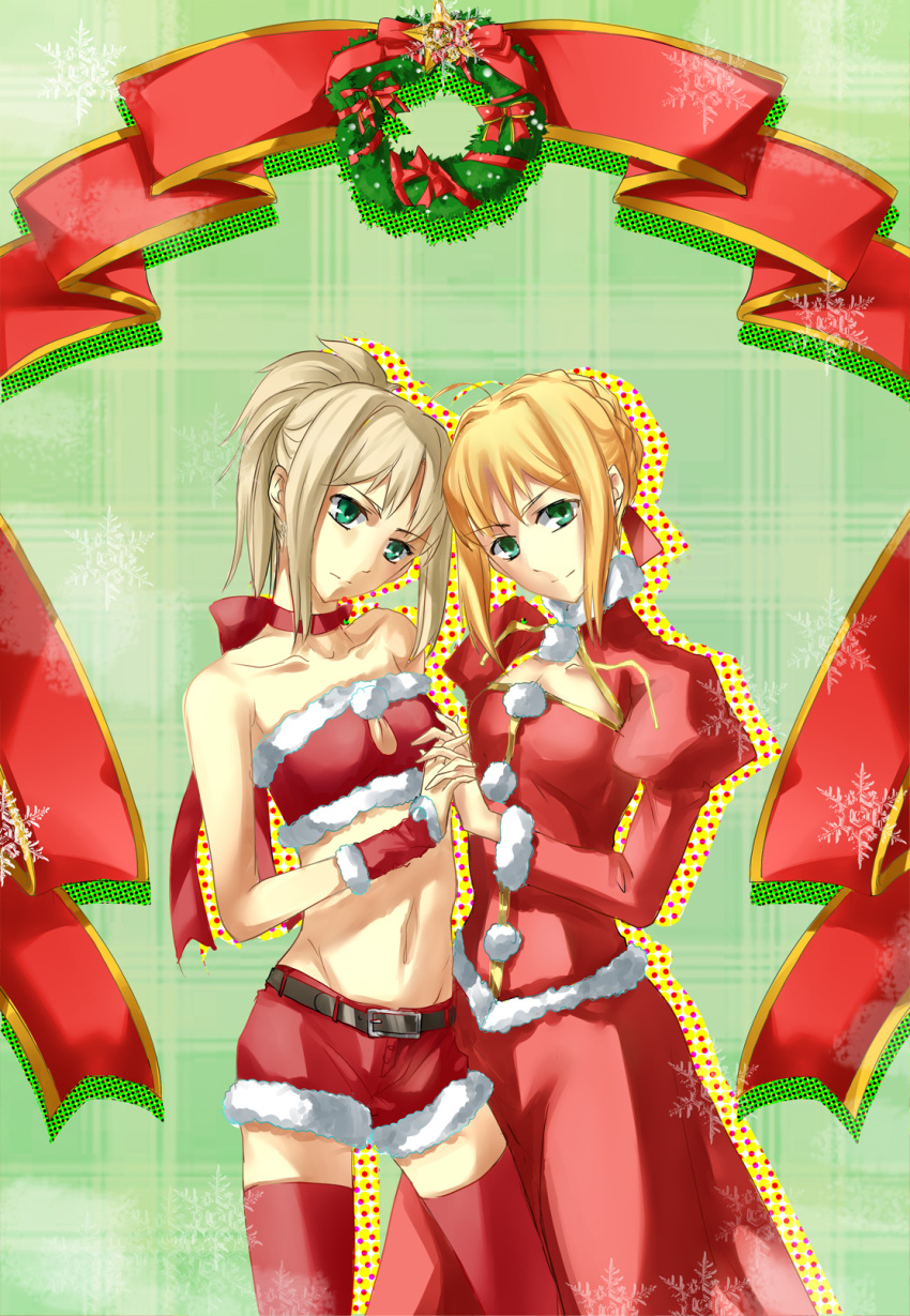 adapted_costume alternate_color arm_warmers belt blonde_hair braid christmas dress fate/apocrypha fate/extra fate/stay_night fate_(series) green_eyes hair_ribbon highres interlocked_fingers midriff mordred mother_and_daughter multiple_girls polka_dot ponytail red_dress red_legwear ribbon ribbon_choker saber saber_extra saber_of_red short_hair short_shorts shorts silangwan star thigh-highs thighhighs yuri