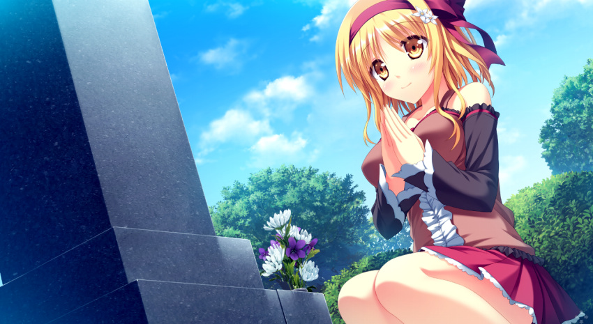bare_shoulders blonde_hair blush breasts casual cloud detached_sleeves flower game_cg hair_flower hair_ornament hairband hands_together koiken_otome large_breasts legs light_smile miniskirt pleated_skirt short_hair skirt sky solo someya_yuzu squatting tateha_(artist) thighs tombstone yellow_eyes