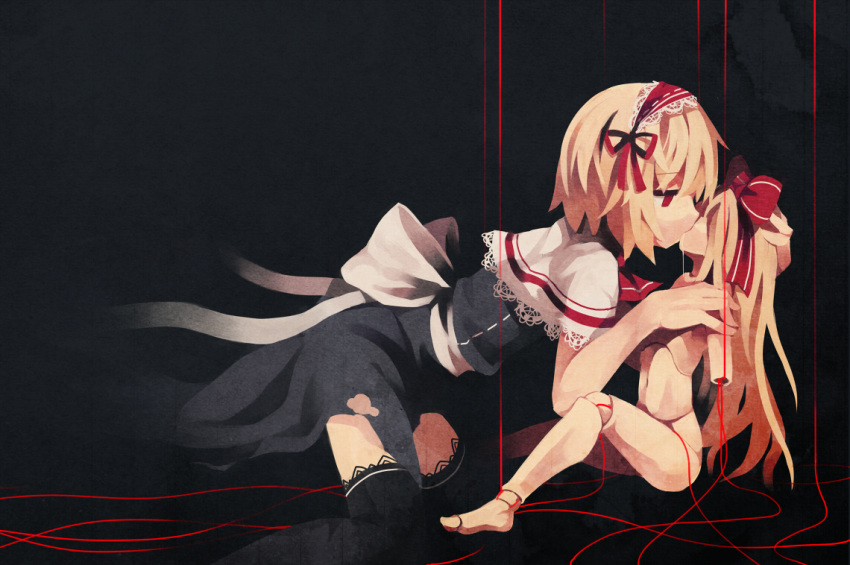 album_cover alice_margatroid black_background black_legwear blonde_hair bow cover doll doll_joints fuukadia_(narcolepsy) hair_bow hairband kiss long_hair red_eyes red_string saliva shanghai shanghai_doll short_hair simple_background string thigh-highs thighhighs touhou