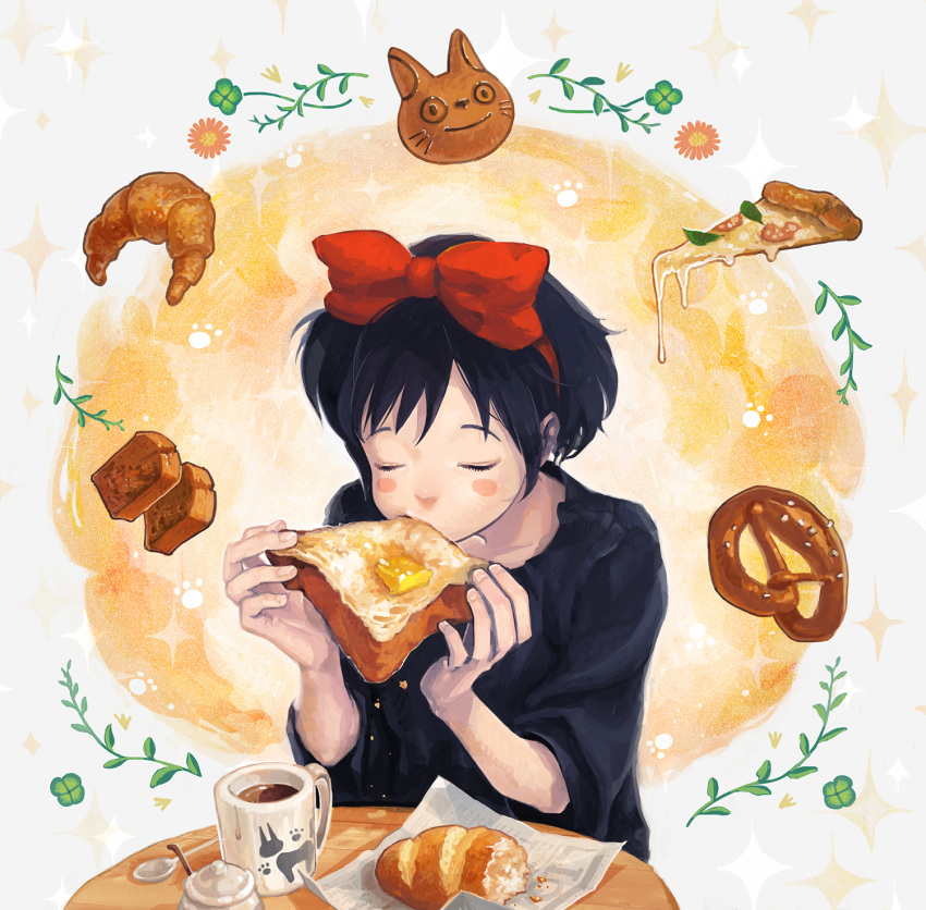 black_hair blush_stickers bread bread_in_mouth butter cat closed_eyes croissant cup eating egg eyes_closed food hair_ribbon hairband highres kiki leaf majo_no_takkyuubin omiso_(n0m) pizza ribbon solo studio_ghibli table teacup toast