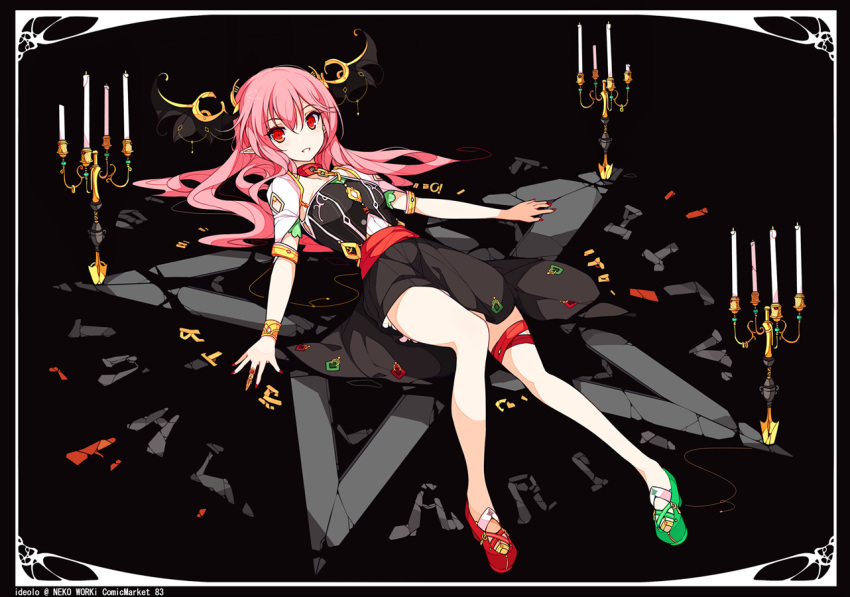 alternate_costume alternate_hair_color armlet bare_legs blush bracelet candelabra candle collar glyph head_wings ideolo jewelry koakuma long_hair looking_at_viewer lying mismatched_footwear nail_polish no_socks on_back ornate pentagram pink_hair pointy_ears red_eyes ribbon smile solo thigh_ribbon touhou