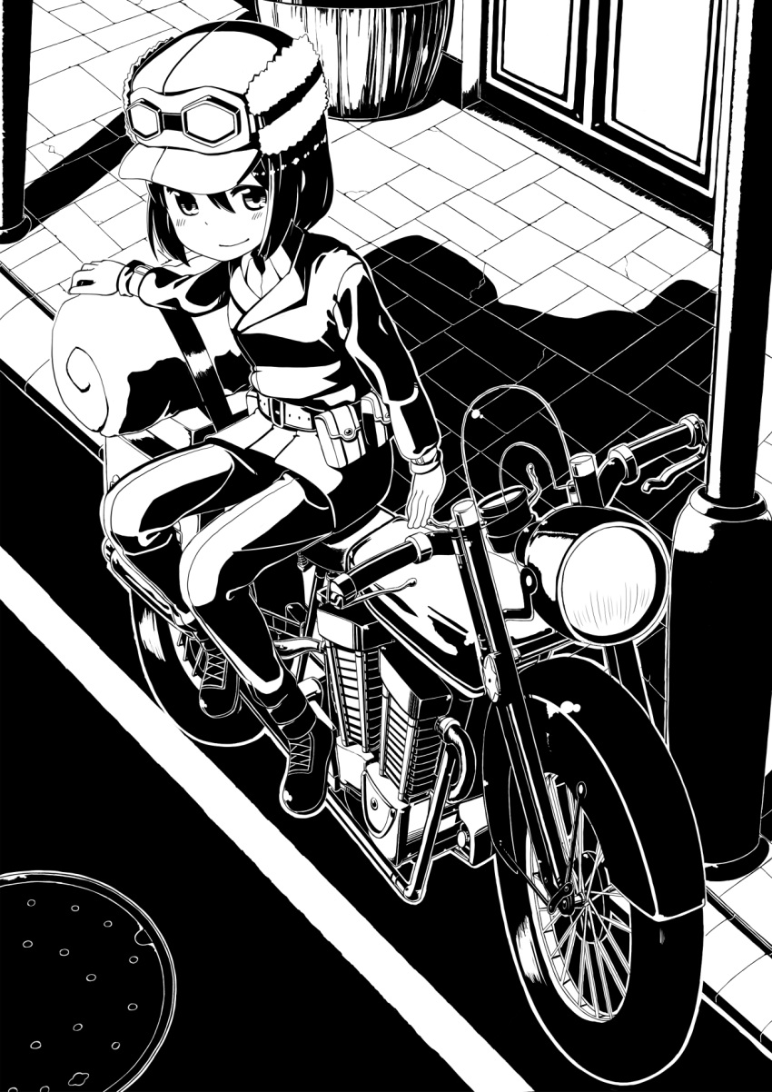 engine goggles hat hermes highres kino kino_no_tabi manhole monochrome motor_vehicle motorcycle muku-coffee pole short_hair sidewalk sitting smile vehicle