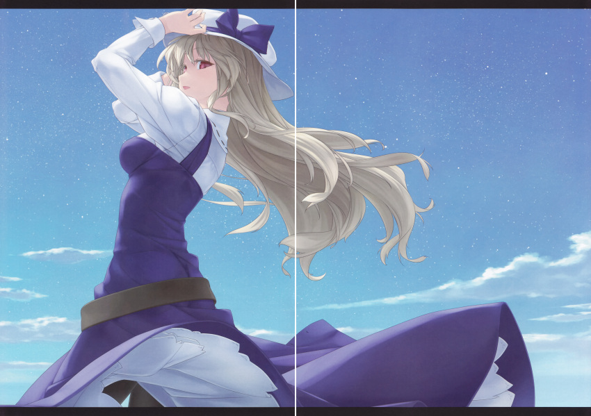 absurdres adjusting_hat arms_up black_legwear blonde_hair bow character_request cloud clouds dress hat hat_bow highres open_mouth pantyhose red_eyes rokuwata_tomoe scan sky solo star_(sky) touhou watatsuki_no_toyohime