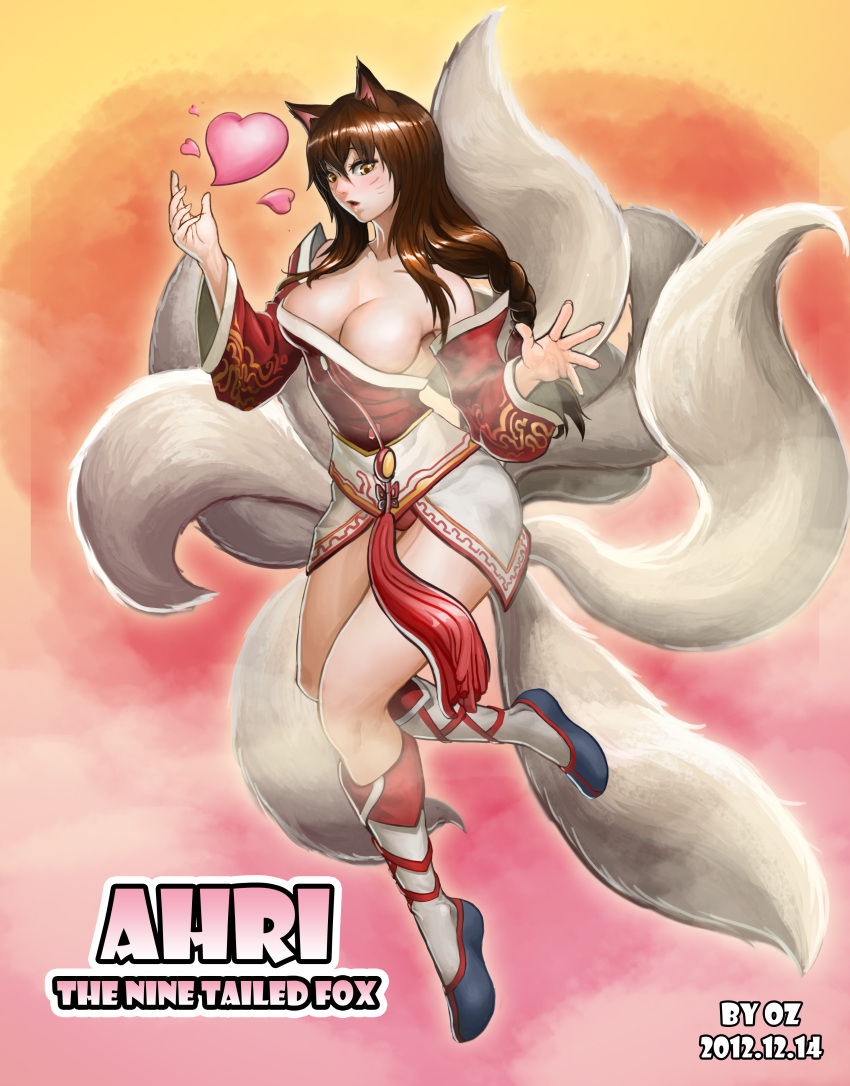 absurdres ahri animal_ears bare_shoulders blush boots braid breasts brown_hair character_name cleavage dated detached_sleeves facial_mark fox_ears fox_tail heart highres league_of_legends long_hair multiple_tails oz_(gerbera7) single_braid solo tail yellow_eyes