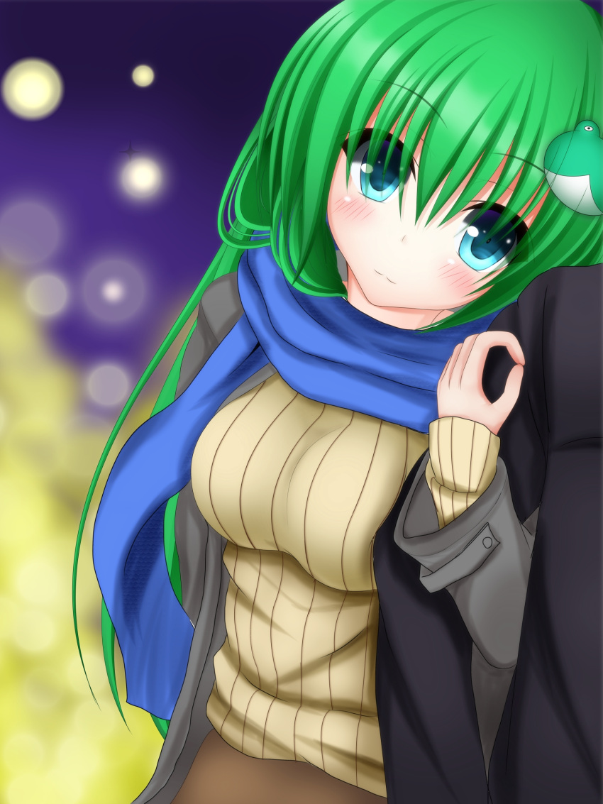 absurdres arm_holding bad_hands blue_eyes breasts casual contemporary frog_hair_ornament gengodou green_hair hair_ornament highres kochiya_sanae large_breasts long_hair scarf smile solo sweater touhou
