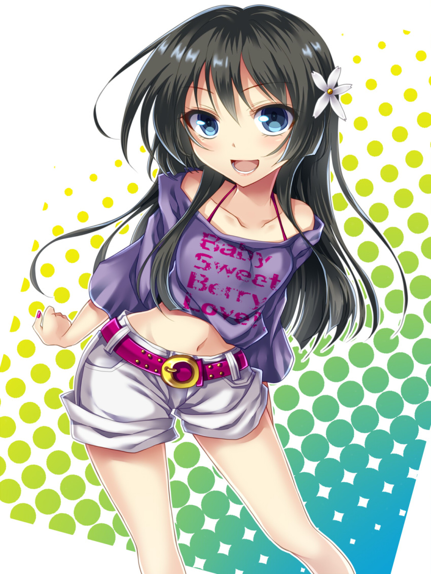 1girl :d belt black_hair blue_eyes casual clothes_writing collarbone fingernail_polish flower hair_flower hair_ornament halftone halftone_background highres long_hair midriff navel open_mouth saten_ruiko shorts smile solo soraeda to_aru_kagaku_no_railgun to_aru_majutsu_no_index