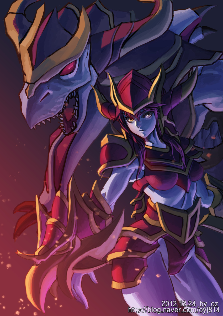 absurdres armor blue_skin dragon gauntlets highres horned_helmet horns league_of_legends long_hair oz_(gerbera7) purple_hair red_eyes shyvana solo yellow_eyes