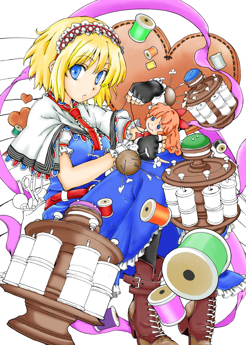 absurdres aka_ringo alice_margatroid black_legwear blonde_hair blue_eyes boots bow breasts capelet colored doll dress fingerless_gloves gloves hair_bow hairband highres needle pantyhose ribbon sash sewing short_hair sitting solo thread touhou