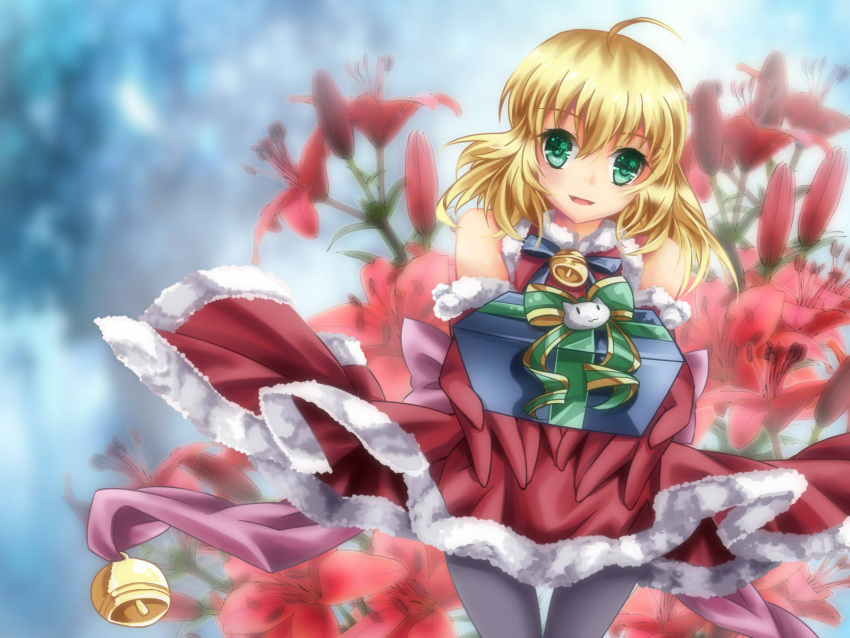 294126499_(artist) ahoge bell blonde_hair christmas_costume dress fate/stay_night fate_(series) flower gift gloves green_eyes hair_ribbon highres jingle_bell lily_(flower) mo_huai_mao pantyhose ribbon saber santa_costume solo