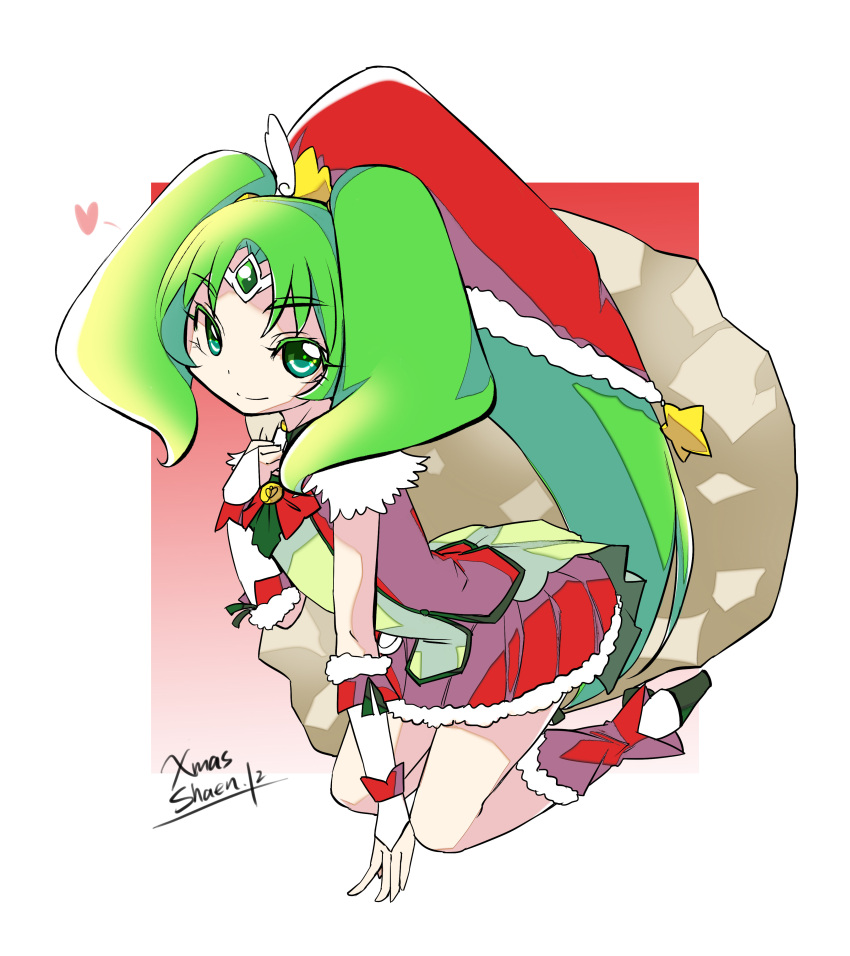 adapted_costume boots bow cure_march green_eyes green_hair heart highres long_hair midorikawa_nao ponytail precure sack shaen skirt smile smile_precure! star tiara tri_tails
