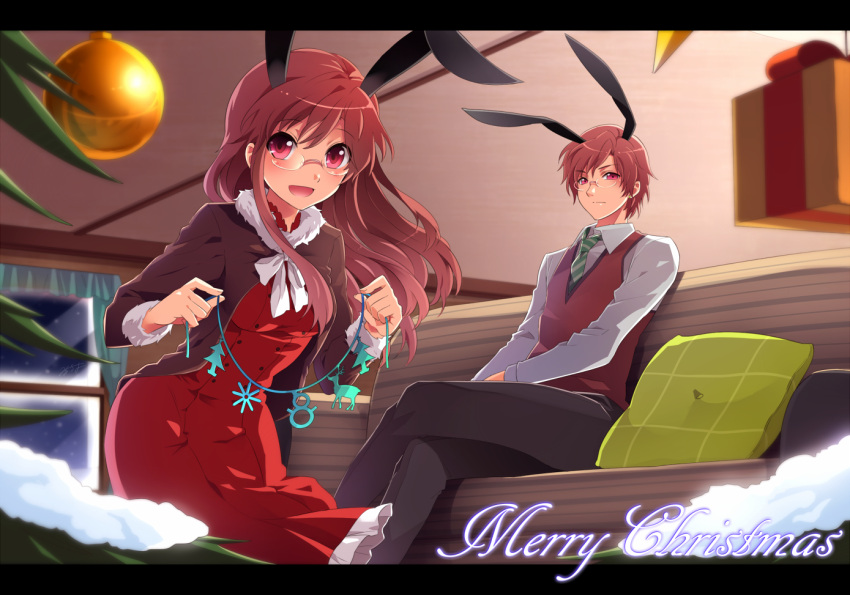 1girl animal_ears blush box brown_hair bunny_ears christmas christmas_tree couch crossed_legs dress english gift gift_box glasses jacket legs_crossed letterboxed long_hair merry_christmas milcho open_mouth original pants pillow pink_eyes rabbit_ears red_dress red_eyes ribbons rimless_glasses short_hair sitting smile snow text vest window
