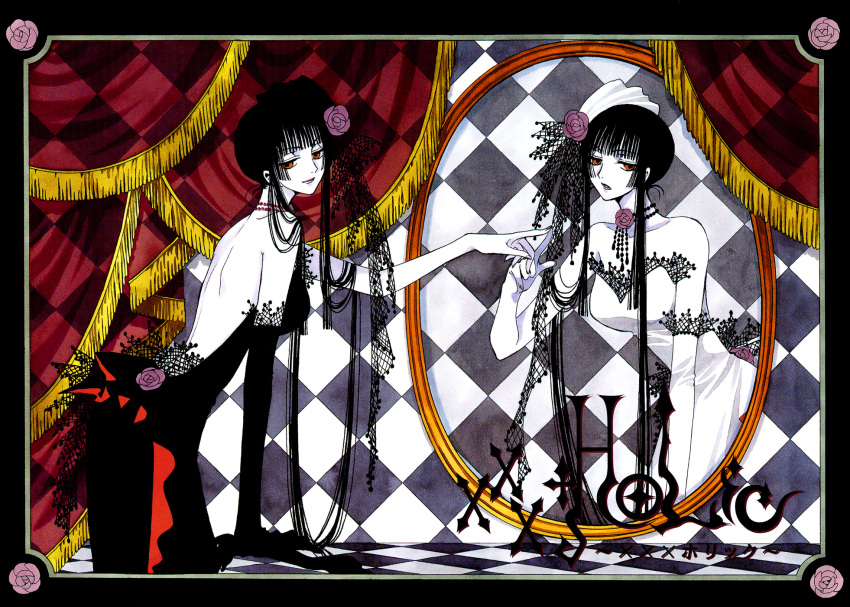 asymmetrical_clothes bare_back bare_shoulders black_dress black_hair checkered checkered_background checkered_floor clamp curtains different_reflection dress elbow_gloves flat_gaze flower formal frame gloves hair_up hat highres hime_cut ichihara_yuuko jewelry lace long_hair marker_(medium) mirror necklace official_art orange_eyes pale_skin reflection rose top_hat traditional_media very_long_hair white_dress xxxholic