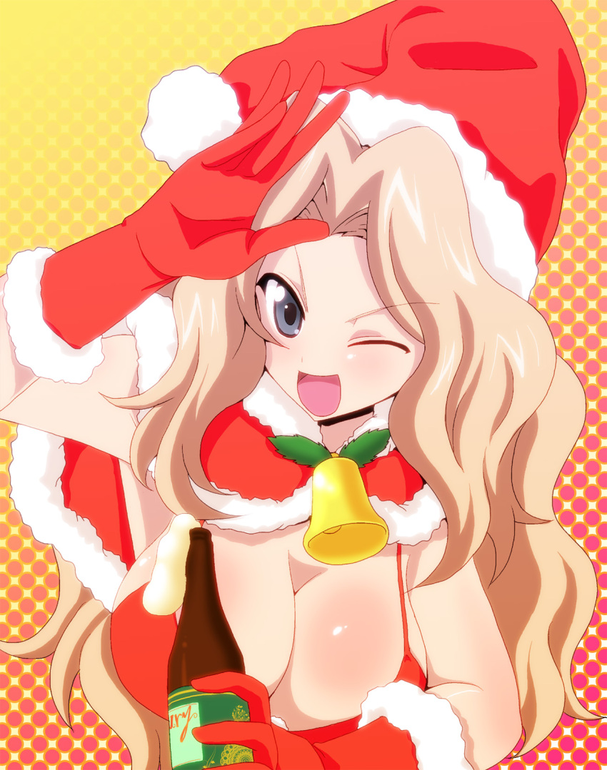 &gt;;d bell bikini blonde_hair blue_eyes blush bottle breasts champagne christmas cleavage drunk girls_und_panzer hat highres kamishima_kanon kay_(girls_und_panzer) large_breasts long_hair open_mouth smile solo swimsuit wink