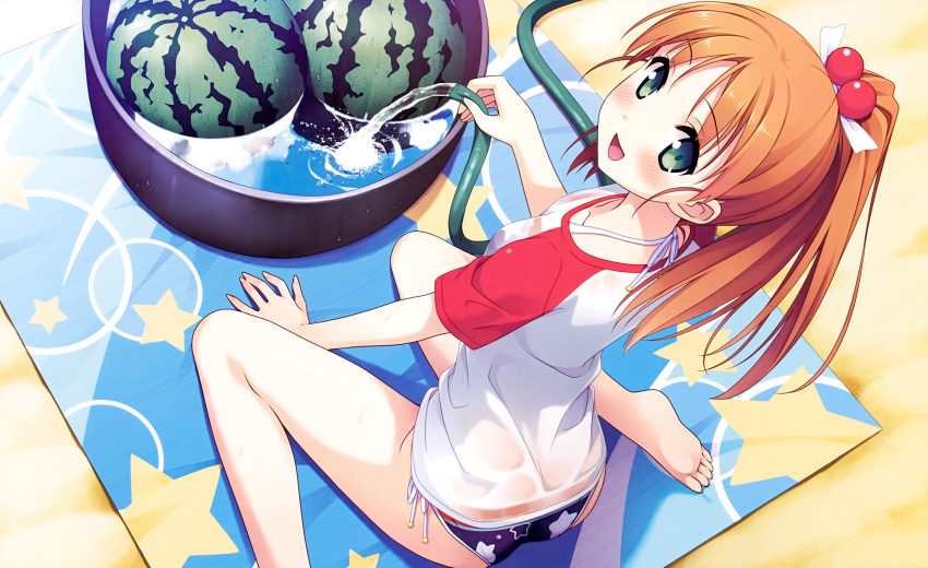 :d absurdres arm_support barefoot bikini brown_hair feet food from_above fruit green_eyes hair_bobbles hair_ornament highres hose kantoku long_hair looking_at_viewer minagawa_yuuhi open_mouth ponytail print_bikini raglan_sleeves scan see-through side-tie_bikini sitting smile soles solo star_print swimsuit swimsuit_under_clothes toes wariza water watermelon wet wet_clothes wet_shirt your_diary