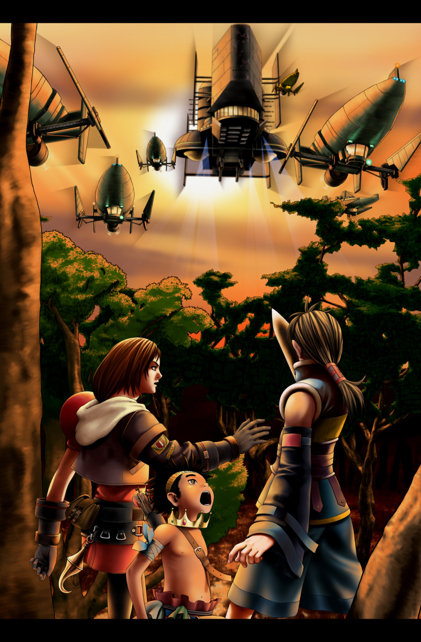 2boys airship arc_the_lad arc_the_lad_twilight_of_the_spirits child demon_boy highres kharg letterboxed long_hair maru multiple_boys official_art outdoors paulette_(arc_the_lad) promotional_art science_fiction ship wallpaper widescreen