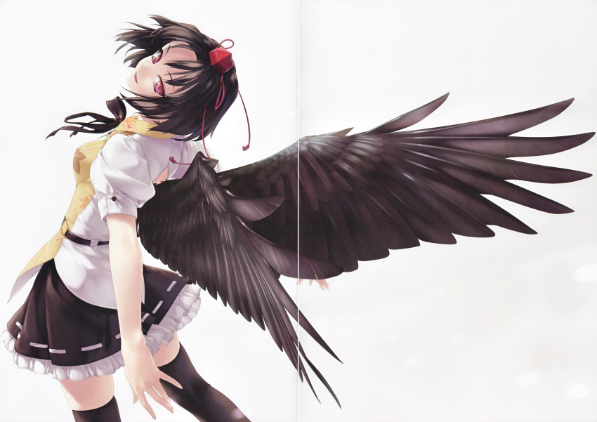 absurdres black_hair female hat highres outstretched_arms red_eyes rokuwata_tomoe scan shameimaru_aya short_hair simple_background solo thigh-highs thighhighs tokin_hat touhou wings