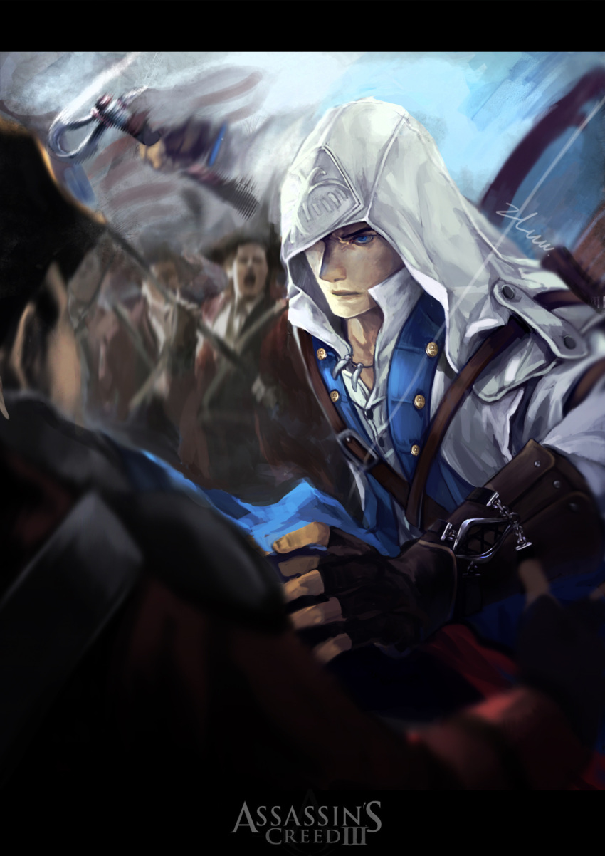 assassin's_creed assassin's_creed_iii assassin's_creed assassin's_creed_iii blue_eyes bow_(weapon) connor_kenway fingerless_gloves gloves highres hood horse realistic title_drop vambraces weapon zluu