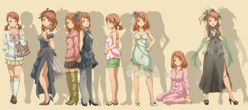 bag boots bow brown_eyes camisole costume_chart dress gloves hair_ornament hand_on_hip houjou_karen idolmaster idolmaster_cinderella_girls jewelry microphone necklace open_mouth orange_hair pajamas pantyhose ponytail school_bag school_uniform shorts sitting skirt smile suneo_(goten) sweater twintails vest