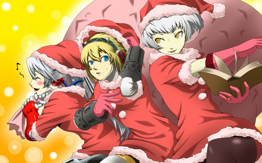 aegis android blonde_hair blue_eyes blush book costume dress elizabeth_(persona) gloves grin hat headphones kamui kamui_sathi labrys long_hair multiple_girls open_mouth pantyhose persona persona_3 persona_4:_the_ultimate_in_mayonaka_arena ponytail sack santa_costume santa_hat short_hair silver_hair smile yellow_eyes