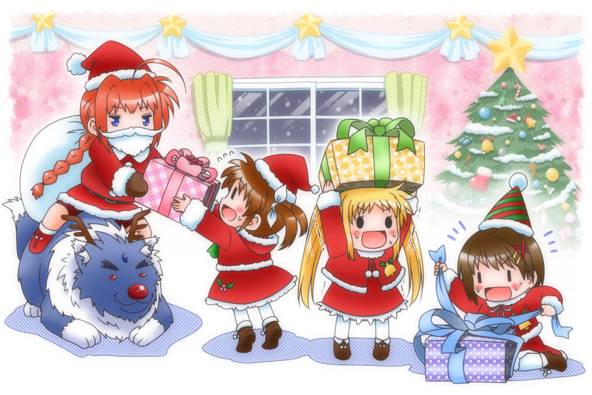 0_0 4girls :d ahoge ankle_boots antlers arms_up bangs beard bell belt bike_shorts black_eyes blonde_hair blue_eyes boots braid brown_hair buttons capelet chibi christmas christmas_ornaments christmas_tree coat curtains dress facial_hair fate_testarossa flying_sweatdrops forehead_jewel fur_trim gift hair_ornament hair_ribbon hairclip happy hat holding holding_gift hood indoors lace lace-trimmed_dress long_hair lyrical_nanoha mistletoe mittens motion_lines multiple_girls night night_sky o_o on_floor open_mouth pantyhose payot plaid polka_dot red_eyes red_hair red_nose redhead reindeer_(cosplay) ribbon riding sack santa_(cosplay) santa_costume santa_hat shadow shinozuki_takumi short_hair short_twintails sitting sky smile snow standing star striped sweat takamachi_nanoha tiptoes trembling twin_braids twintails unwrapping very_long_hair vita wariza white_legwear window wolf yagami_hayate zafira