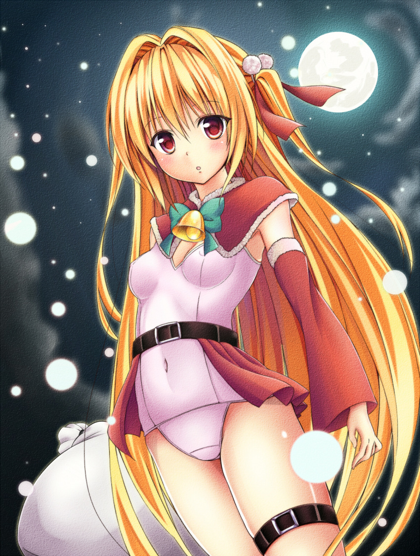 :o bell belt blonde_hair blush capelet clothed_navel full_moon hair_bobbles hair_intakes hair_ornament highres konjiki_no_yami long_hair moon one-piece_swimsuit red_eyes sack school_swimsuit sekiyu. snowing solo swimsuit thigh_strap to_love-ru to_love-ru_darkness twintails white_school_swimsuit
