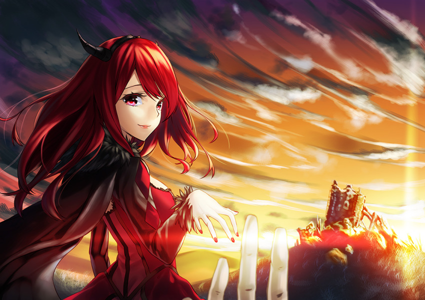cape character_request demon_girl evening fake_horns hairband horns kyon_(fuuran) long_hair looking_at_viewer looking_back maou_(maoyuu) maoyuu_maou_yuusha nail_polish outstretched_hand pov red_eyes red_hair redhead ruins sky smile solo sunset
