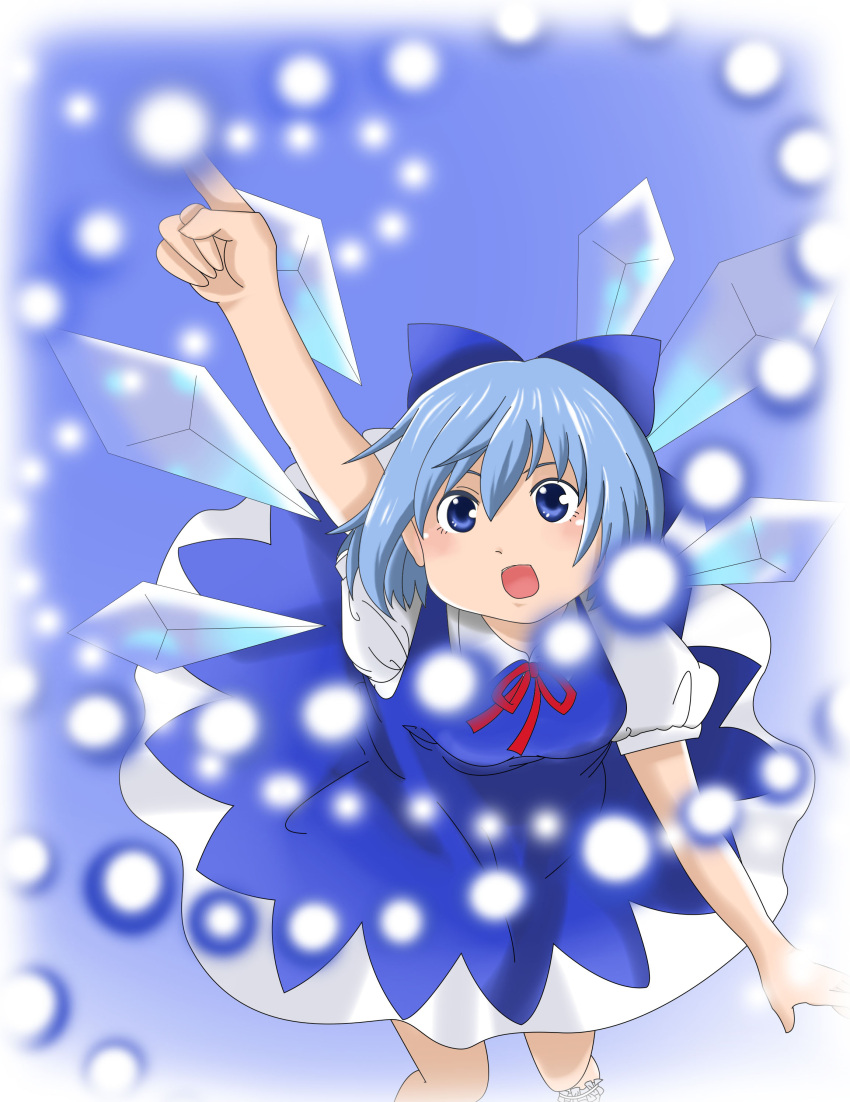 1girl absurdres blue_background blue_dress blue_eyes blue_hair bow cirno danmaku dress fairy hair_bow highres open_mouth pointing puffy_sleeves ribbon short_sleeves simple_background solo touhou wings