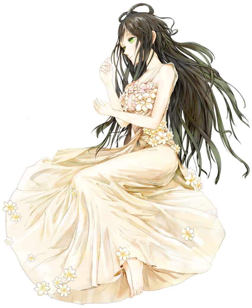 barefoot brown_hair dress flower green_eyes highres jiaoshouwen long_hair luo_tianyi lying original simple_background solo vocaloid white_background
