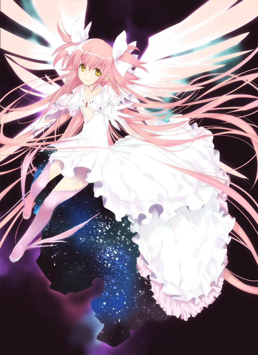 absurdly_long_hair ankle_wings bow breasts choker cleavage_cutout collarbone dress gloves glowing glowing_wings goddess_madoka hair_bow highres kaname_madoka long_hair magical_girl mahou_shoujo_madoka_magica outstretched_arm outstretched_hand pink_hair pink_legwear short_sleeves smile solo space thigh-highs thighhighs two_side_up ultimate_madoka under_boob underboob very_long_hair white_dress white_gloves wings yellow_eyes yyuunn zettai_ryouiki