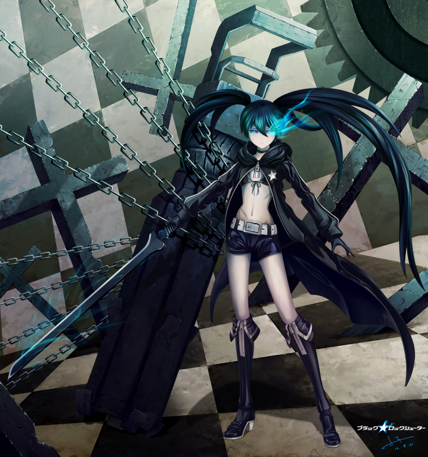 arm_cannon belt black_hair black_rock_shooter black_rock_shooter_(character) blue_fire boots chain chains checkered checkered_background checkered_floor fire flaming_eye highres hooded_jacket ltt_challenger short_shorts shorts solo stitches sword title_drop twintails weapon