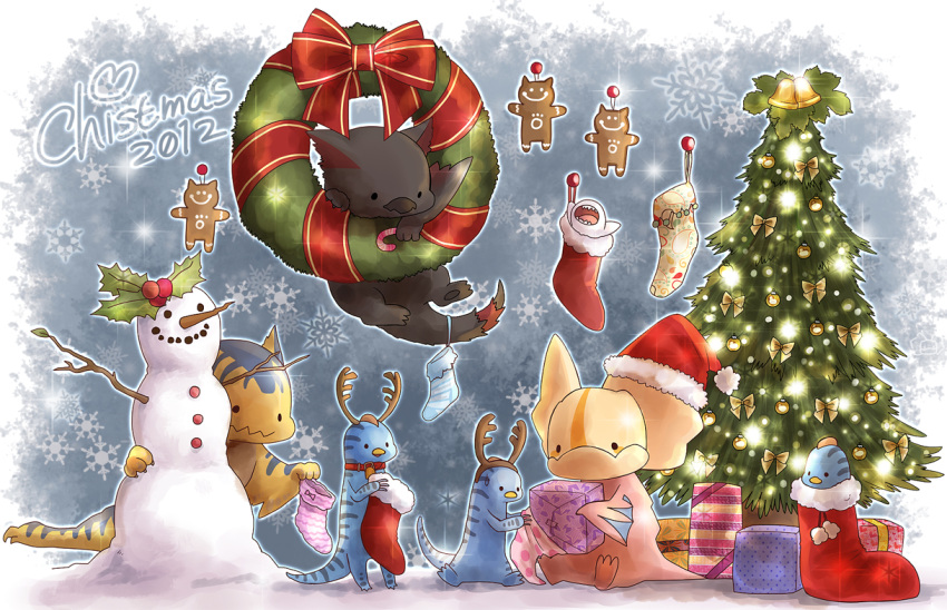 bell box branch chibi christmas christmas_lights christmas_ornaments christmas_stocking christmas_tree collar gift gift_box giggi gingerbread_man hat holly jingle_bell khezu_whelp monster monster_hunter nargacuga no_humans open_mouth reindeer_antlers santa_hat snowflakes snowman tail tigrex velociprey wreath yakiudon yian_kut-ku