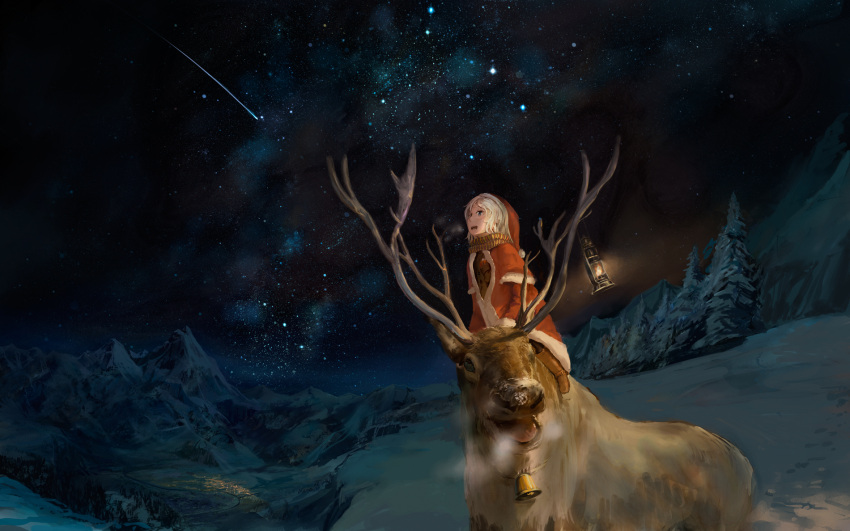christmas hat highres horns landscape moose night original scarf scenery sky snow star_(sky) winter you_(shimizu)