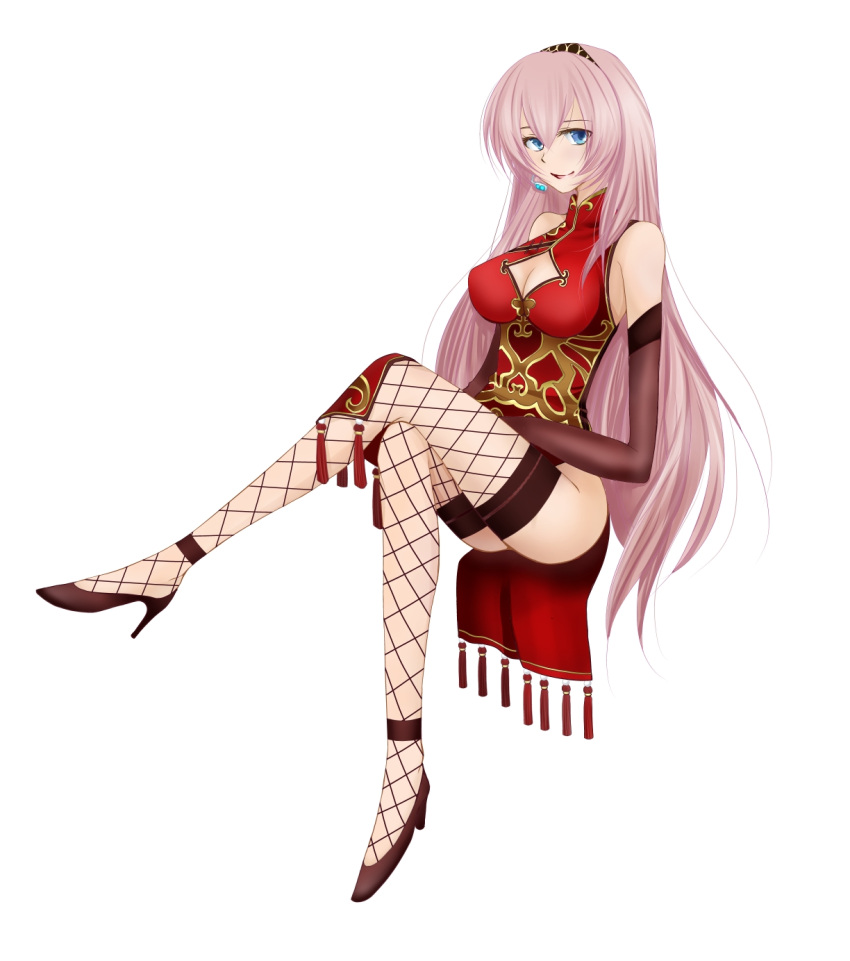 breasts china_dress chinese_clothes cleavage crossed_legs elbow_gloves fishnet_legwear fishnets gloves high_heels highres legs_crossed long_hair megurine_luka mono_(shootingstar-hitomi) pink_hair project_diva project_diva_f shoes sitting smile solo thigh-highs thighhighs vocaloid world's_end_dancehall_(vocaloid)