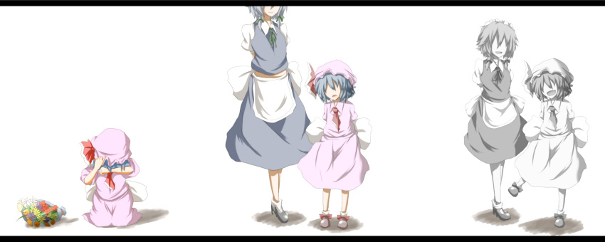 adult apron arms_behind_back ascot blue_hair bouquet braid crying flower hair_over_eyes hat hat_ribbon highres izayoi_sakuya kneeling letterboxed maid maid_headdress multiple_girls open_mouth puffy_sleeves remilia_scarlet ribbon shirt short_sleeves silver_hair skirt skirt_set smile standing_on_one_leg teenage touhou twin_braids udongein vest waist_apron young