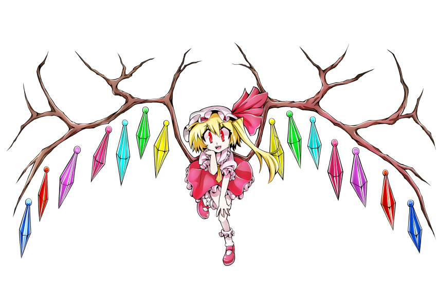 1girl flandre_scarlet givuchoko highres long_hair looking_at_viewer red_eyes simple_background smile solo touhou white_background
