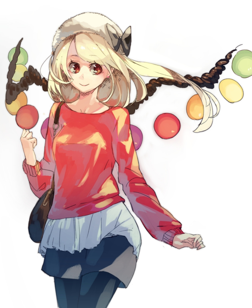 adult alternate_costume bag black_legwear blonde_hair bow casual contemporary earrings flandre_scarlet hat hat_bow highres jewelry long_hair long_sleeves pantyhose pisoshi purse red_eyes short_hair side_ponytail simple_background skirt smile solo touhou white_background wings