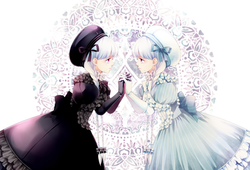 2girls alice_(fate/extra) braid dress fate/extra fate_(series) gloves hat long_hair multiple_girls nomoc reflection twin_braids violet_eyes white_hair