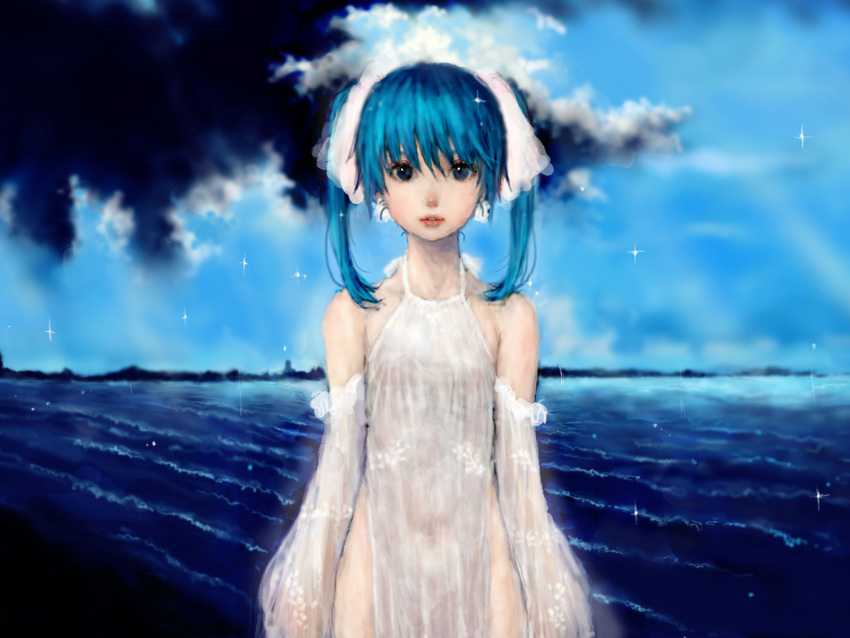 blue_eyes blue_hair cloud clouds detached_sleeves dress highres lips ocean original pon sky solo twintails