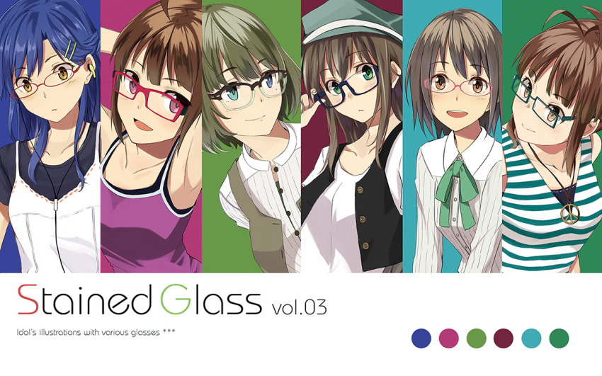 6+girls adjusting_glasses ahoge akizuki_ritsuko antenna_hair arms_behind_head bespectacled blue_eyes blue_hair blush brown_eyes brown_hair earphones english glasses green_eyes green_hair hair_ornament hairclip heterochromia idolmaster idolmaster_cinderella_girls idolmaster_million_live! jewelry kamijou_haruna kisaragi_chihaya long_hair mole multiple_girls necklace open_mouth pink_eyes shibuya_rin shirt short_hair smile striped striped_shirt takagaki_kaede teru_(grafroller) vest yokoyama_nao