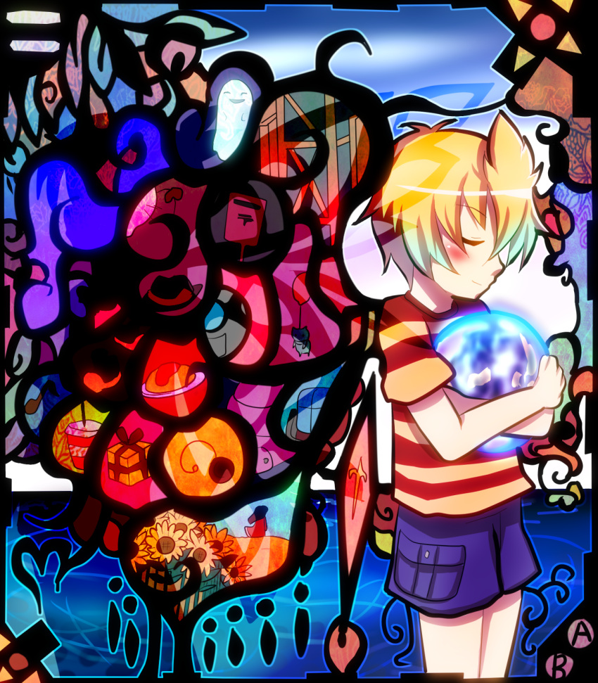 artist_request blonde_hair closed_eyes eyes_closed flower food frog ghost gift hat highres hinawa lucas mailbox molten_rock mother_(game) mother_3 mr.saturn musical_note needle shirt stained_glass striped striped_shirt sunflower yo-yo