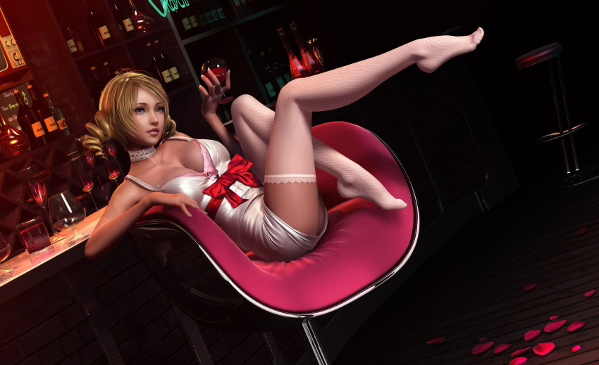 3d absurdres barstool blonde_hair blue_eyes bottle bra breasts catherine catherine_(game) cup demon_girl drill_hair highres solo thighhighs underwear wine wine_glass znz