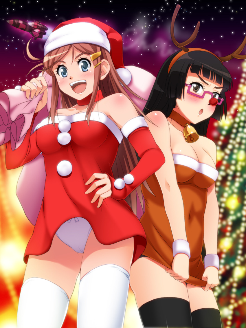animal_costume bell bell_collar black_hair blue_eyes blush breasts brown_eyes chiaki_kurihara christmas cleavage clothed_navel collar glasses grin hair_ornament hairclip hand_on_hip hat highres katou_marika long_hair miniskirt_pirates panties pantyshot pink_hair poncho_s red_nose reindeer_antlers reindeer_costume sack santa_costume santa_hat semi-rimless_glasses skirt_hold smile space_craft star thigh-highs thighhighs underwear upskirt