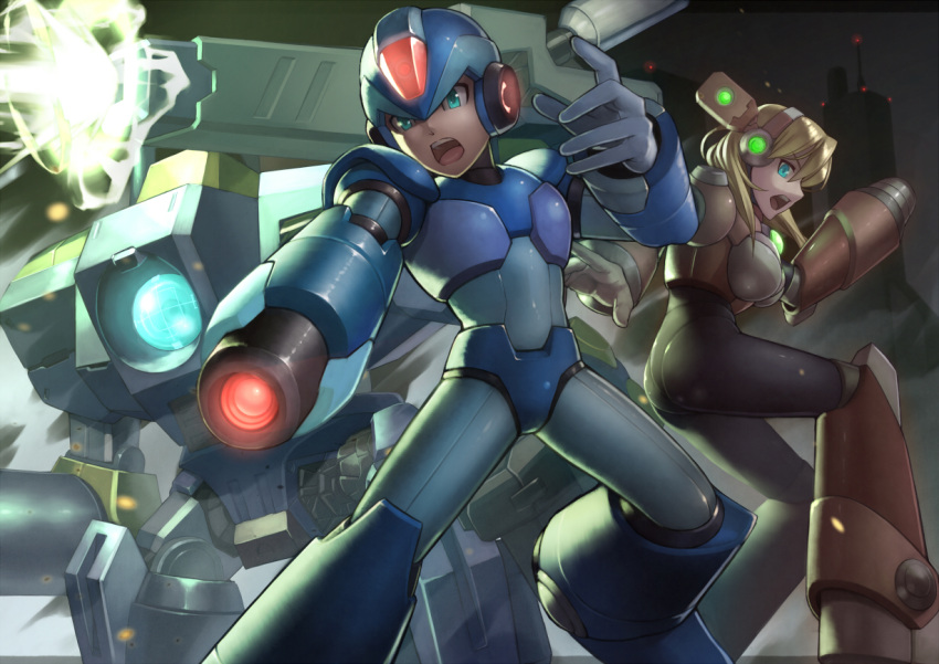 1girl alia_(rockman) android arm_cannon armor blonde_hair blue_eyes boots breasts cannon city helmet long_hair night open_mouth robot rockman rockman_x tkln weapon x_(rockman)