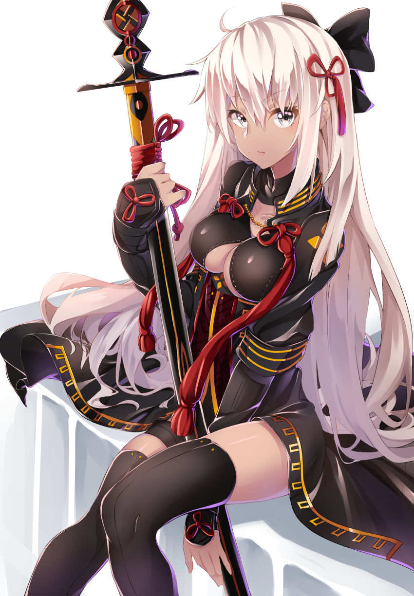 1girl absurdres ahoge arm_guards bangs between_legs black_bow black_legwear black_scarf blue_eyes bow breasts eyebrows_visible_through_hair fate/grand_order fate_(series) from_side hair_bow hair_ornament highres holding japanese_clothes katana kimono lira long_hair looking_at_viewer mole mole_under_mouth okita_souji_(fate)_(all) scarf short_kimono sitting sleeveless sleeveless_kimono solo sword tan tassel thigh-highs weapon white_hair