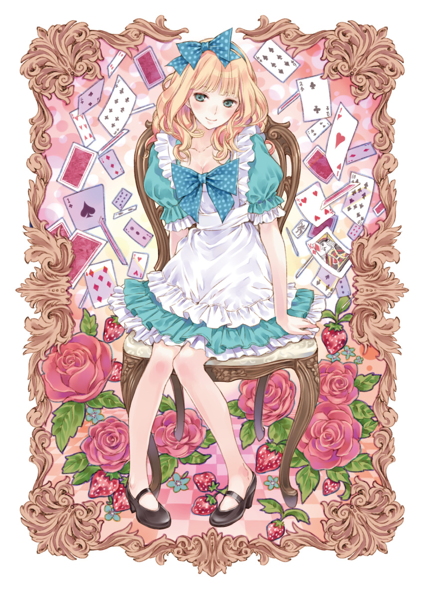 alice_(wonderland) alice_in_wonderland apron blonde_hair bow breasts card cleavage elaborate_frame falling_card floating_card flower food frame fruit hair_bow highres kishida_mel mary_janes playing_card polka_dot purple_card red_rose rose shoes smile solo strawberry