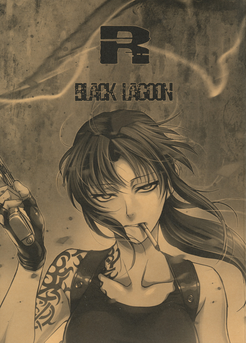 armpit_holster bare_shoulders black_lagoon cigarette cover cover_page doujin_cover fingerless_gloves gloves gun highres hiroe_rei holster jitome long_hair monochrome pistol ponytail revy solo tank_top tattoo weapon wind